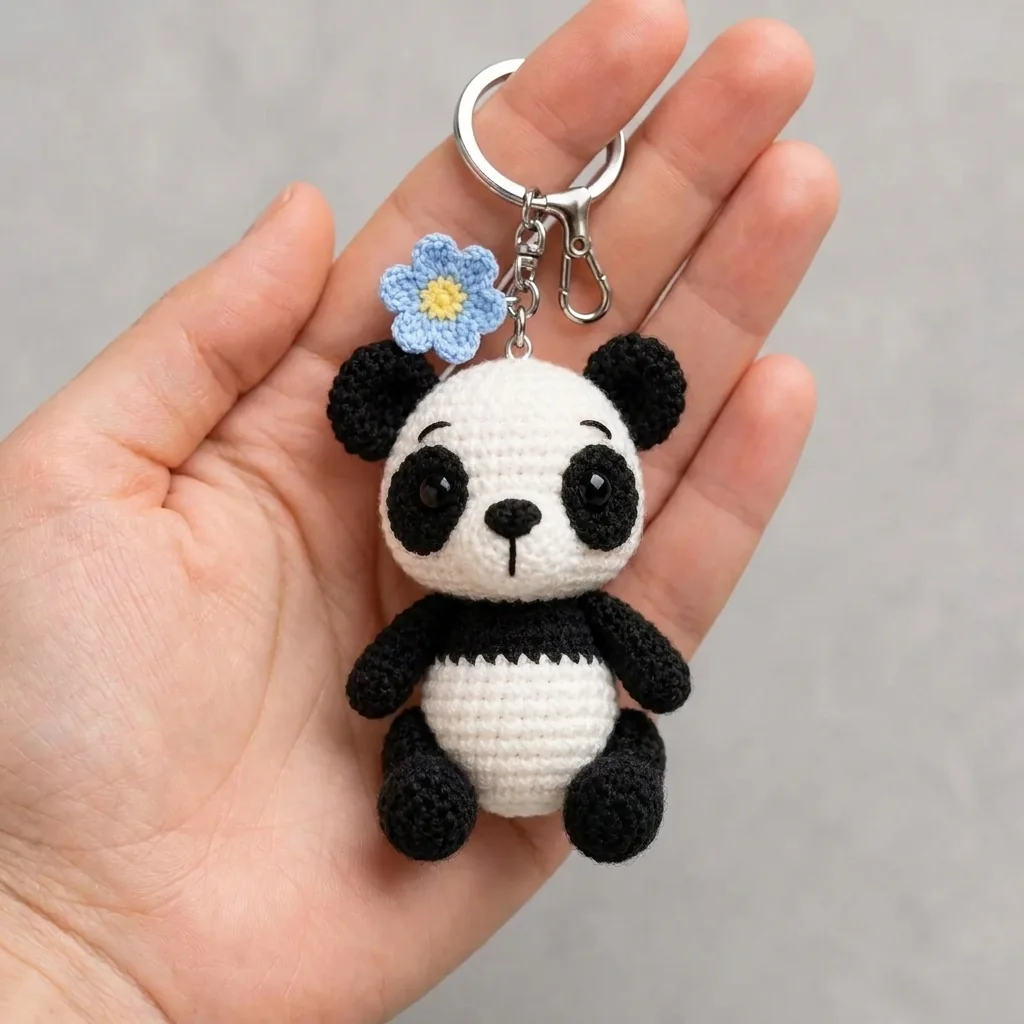 Seated crochet panda before flower and keyring attachment