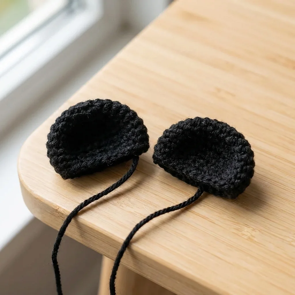 Two flattened black crochet panda ears