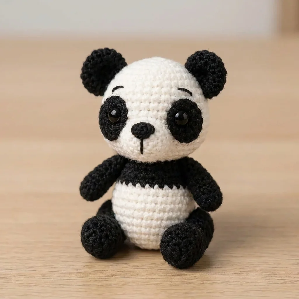 Finished pocket panda amigurumi attached to a keyring