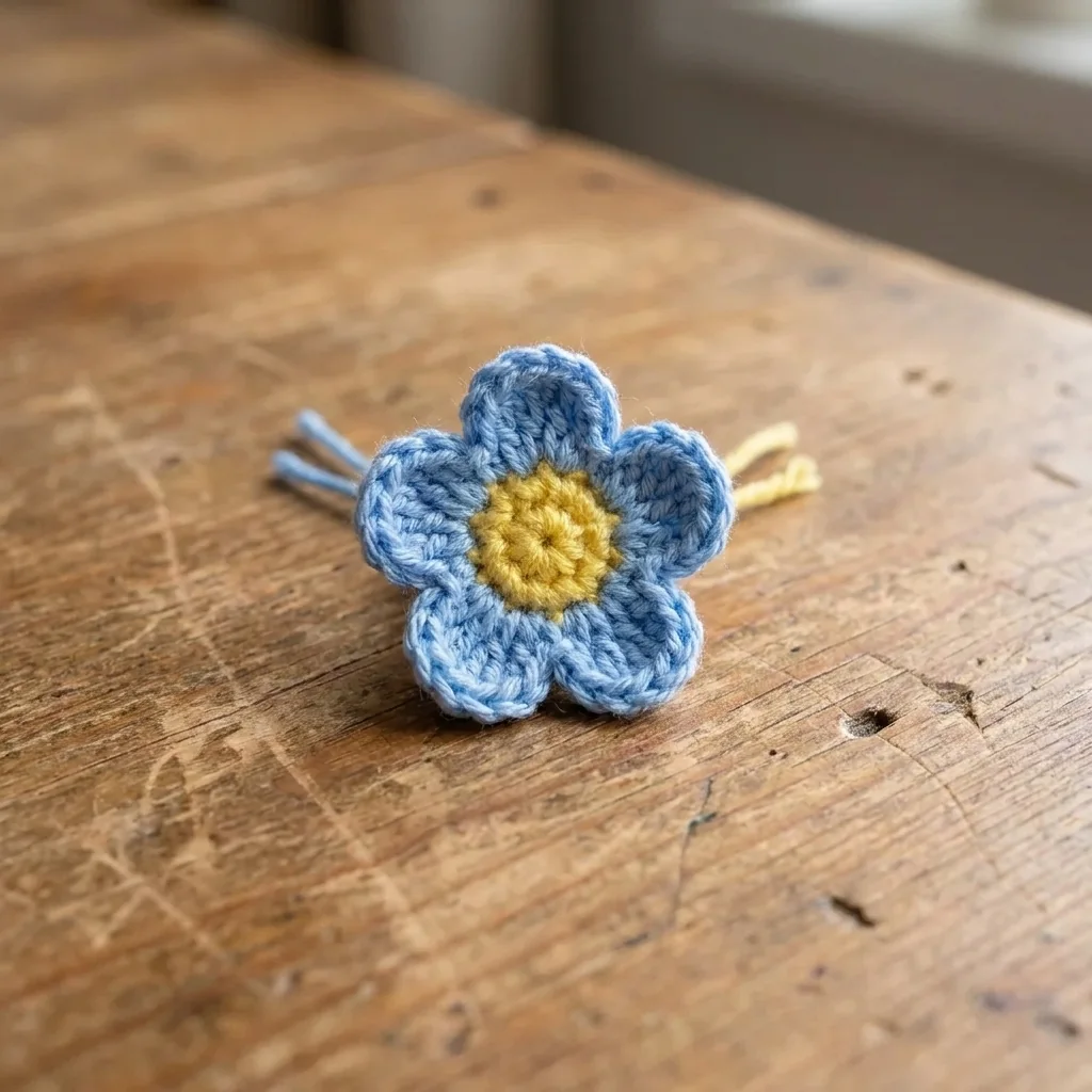 Small blue crochet flower with yellow center
