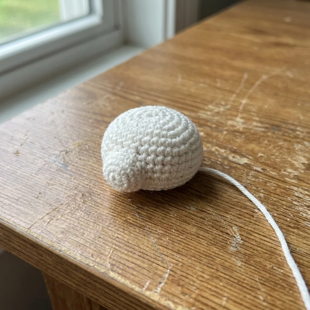 Round white amigurumi panda head before face assembly