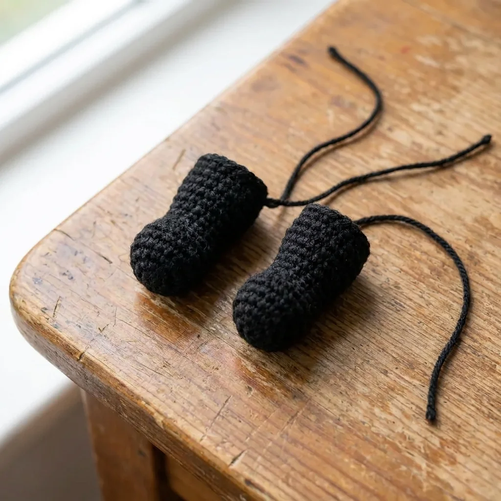 Pair of firmly stuffed black crochet panda legs