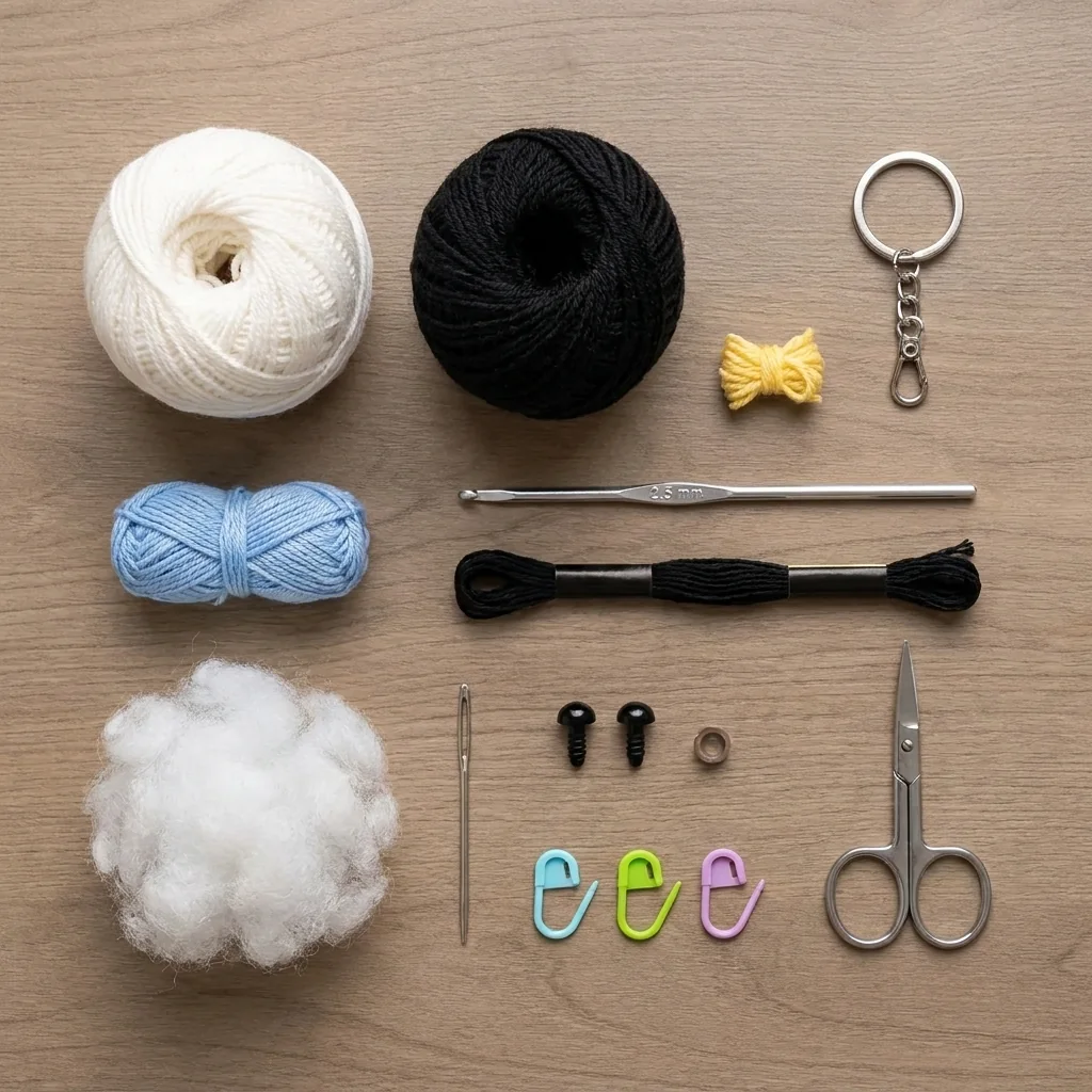 Materials for a panda keychain crochet pattern