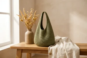 Olive teardrop crochet shoulder bag styled with a cream linen jacket