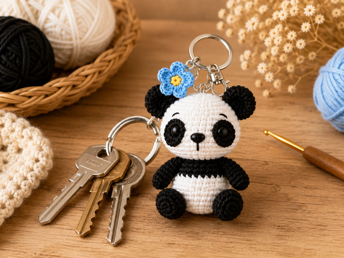 Crochet panda keychain beside keys, yarn, and a crochet hook