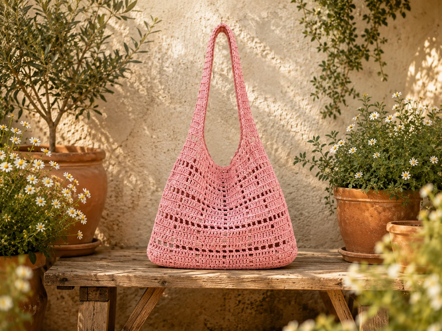 Pink crochet tote bag displayed in a warm Mediterranean garden
