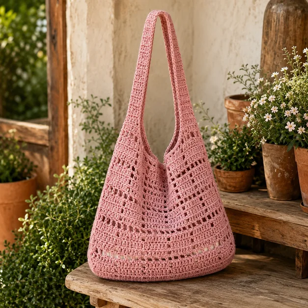 Finished pink crochet tote bag standing in a rustic garden