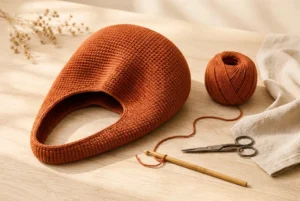Rust crochet bag project arranged with yarn, hook, scissors, and linen