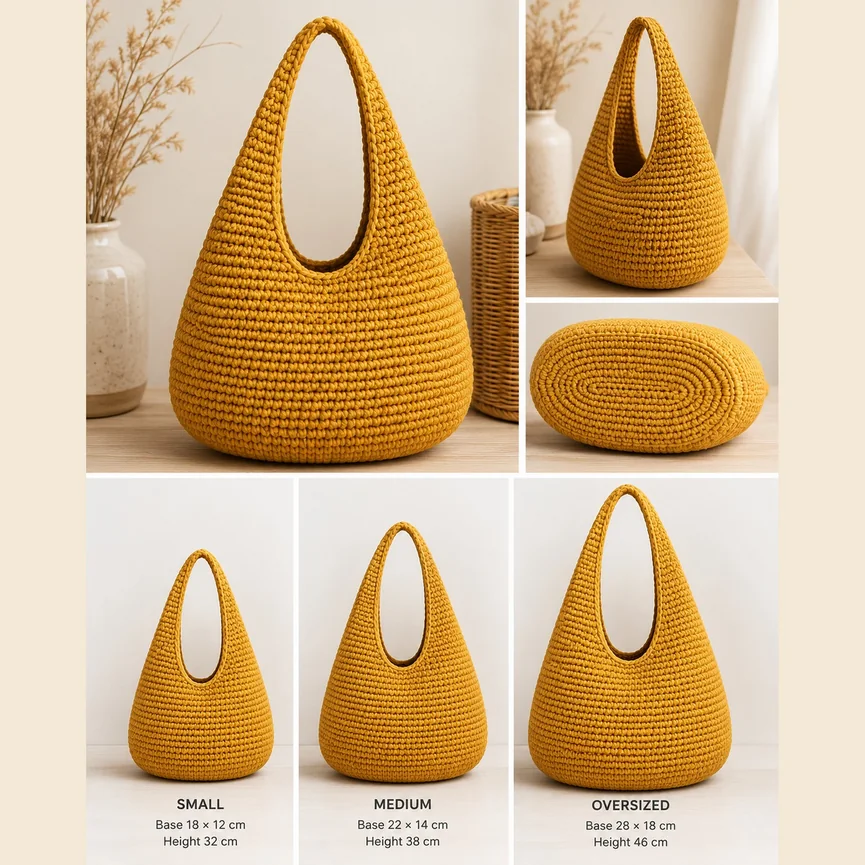 Finished teardrop crochet shoulder bags in three graduated sizes