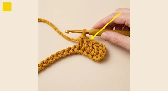 Crochet hook entering the foundation chain to begin an oval bag base