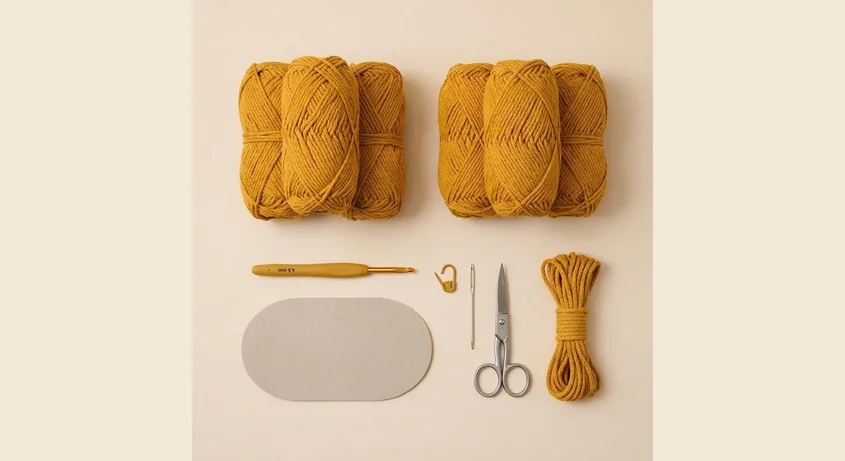 Cotton yarn, crochet hook, stitch marker, needle, scissors, and oval bag insert
