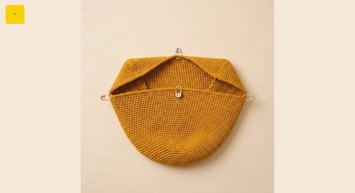 Flattened crochet bag body with markers positioned for front and back openings