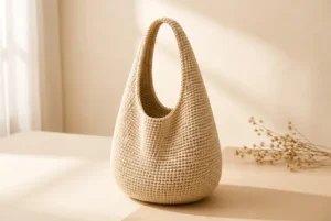 Ivory crochet shoulder bag with a rounded base and integrated curved handle