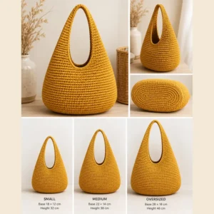Teardrop crochet shoulder bag pattern shown in Small, Medium, and Oversized sizes